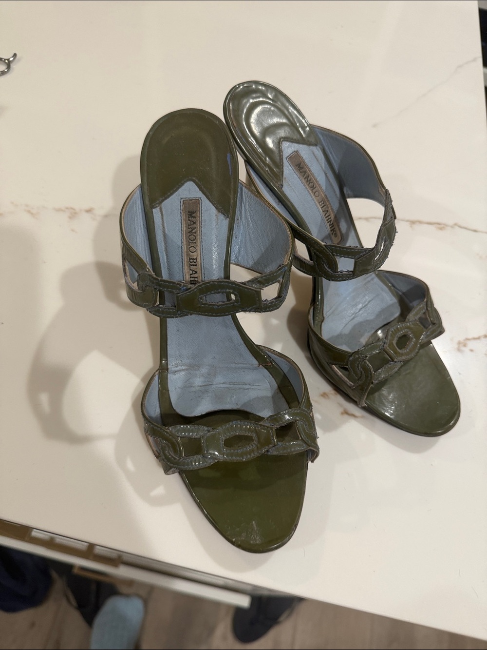 Manolo Blahnik Olive Patent Leather Chain-Accent Heels